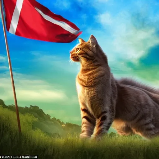 Prompt: a large galloping cat with a brave warrior cat riding him into battle carrying their national flag, terrain is epic and enormous and the sky is shockingly gorgeous