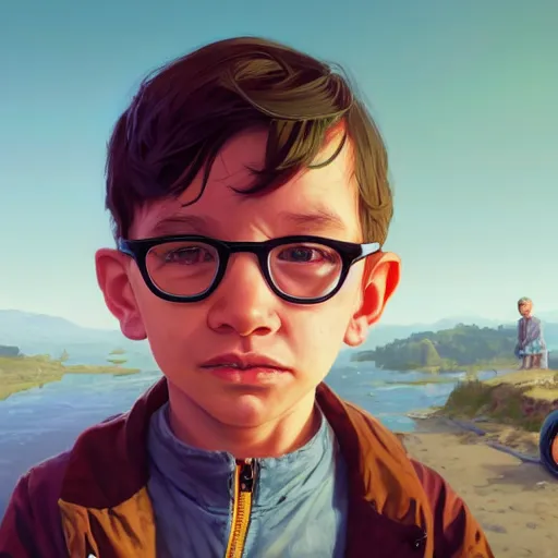 Image similar to highly detailed portrait kid milhouse from the simpsons, in gta v, stephen bliss, unreal engine, fantasy art by greg rutkowski, loish, rhads, ferdinand knab, makoto shinkai and lois van baarle, ilya kuvshinov, rossdraws, tom bagshaw, global illumination, radiant light, detailed and intricate environment