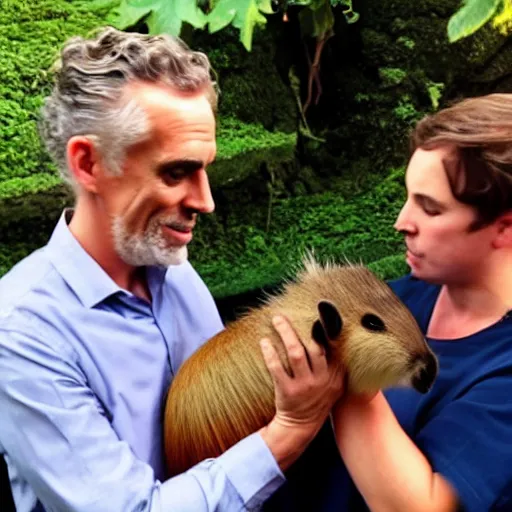 Prompt: Jordan Peterson petting a capybara while screaming