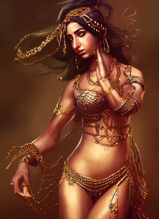 Image similar to a highly detailed illustration of naomi scott as arabian belly dancer, elegant pose, intricate, elegant, highly detailed, centered, digital painting, artstation, concept art, smooth, sharp focus, league of legends concept art, wlop.