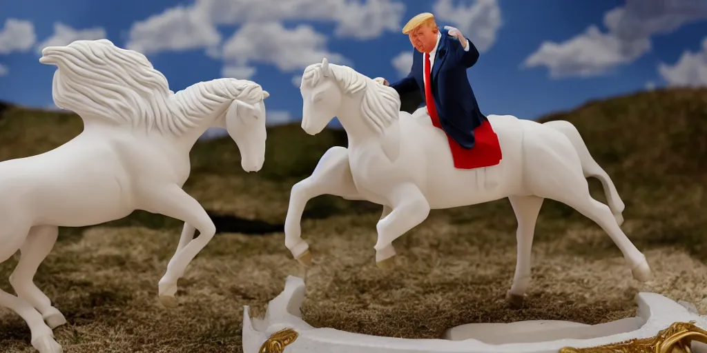 Image similar to Donald Trump riding a white horse, wide lens, diorama, 4k,