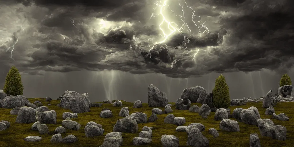 Image similar to photorealistic strange dark monks perform a ritual. magical symbols float above them. epic landscape with magically floating rocks, with ominous storm clouds, strange levitating stones, stones falling from the sky, a gentle rising mist. occult photorealism, uhd, amazing depth, glowing, golden ratio, 3 d octane cycle unreal engine 5, volumetric lighting, cinematic lighting, alphonse mucha