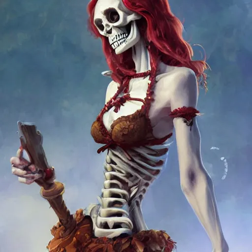 Image similar to cute & beautiful smug smiling undead skeleton girl with very attractive face and red hair dressed as a pirate, elegant, digital art, fullbody painting, fantasy, pixar style, painting, pin up, highly detailed, artstation, art by artgerm, vrubel, greg rutkowski, ilya kuvshinov, raymond swanland