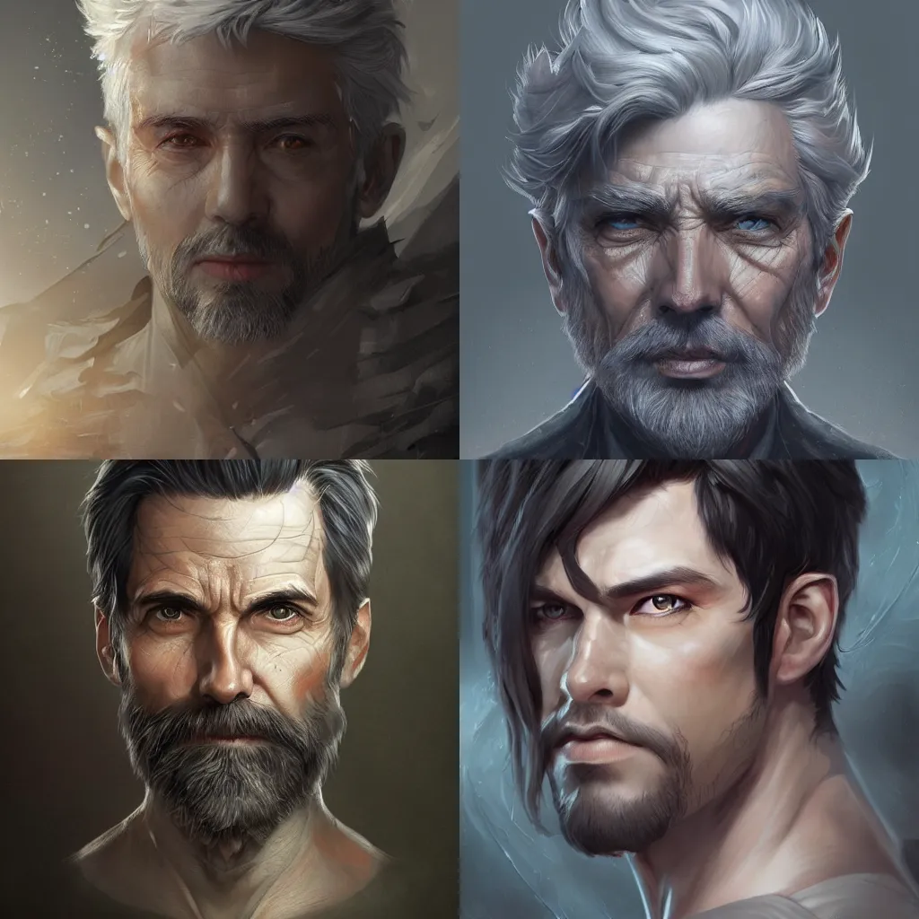 Prompt: Hyperdetailed masterpiece concept art of a half body portrait of a powerful mage, 67, short grayed hair, a strong face with grey stubble. serious by nature with unparalleled wits, hyperdetailed concept art by Ross Tran, high quality DnD illustration, trending on ArtStation