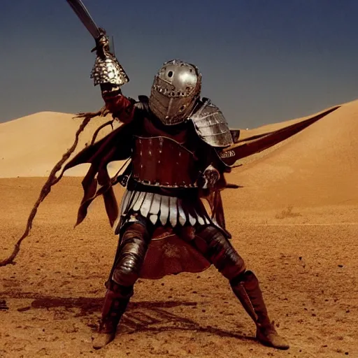 Image similar to an armored knight dressed as a pirate in the desert, film still, cinematic composition