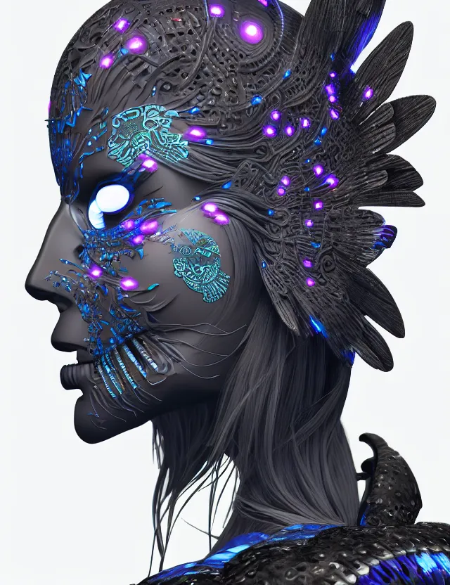 Image similar to 3 d goddess close - up profile simple portrait cybernetic with skull. beautiful intricately detailed japanese crow kitsune mask and clasical japanese kimono. betta fish, jellyfish phoenix, bio luminescent, plasma, ice, water, wind, creature, artwork by tooth wu and wlop and beeple and greg rutkowski