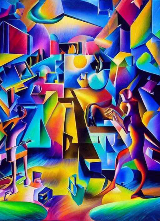 Prompt: an extremely high quality hd detailed ultra-realistic photorealistic surrealism painting of neon cast glass calligraphy cubism figures melting into a warm picasso galaxy landscape by dali and zaha hadid, vivid colors, complimentary colors, melting sun, melting 4d cubes, hallway landscape, 8k, hd, high quality, high contrast