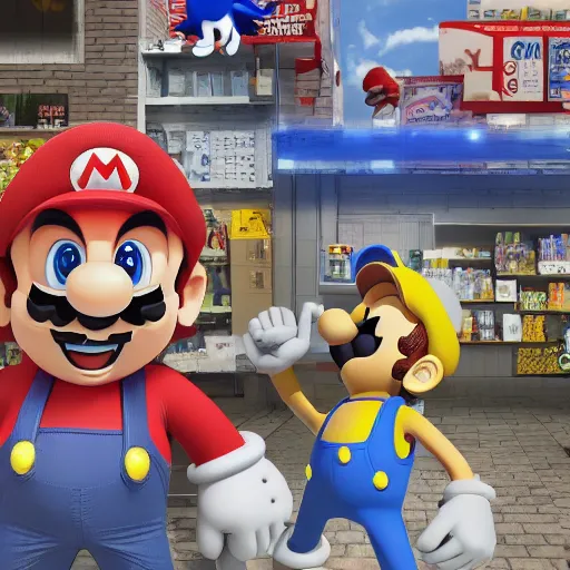 Image similar to Mario and Sonic hanging out at a convenient store in the ghetto, hyper detailed, 4k, octane render