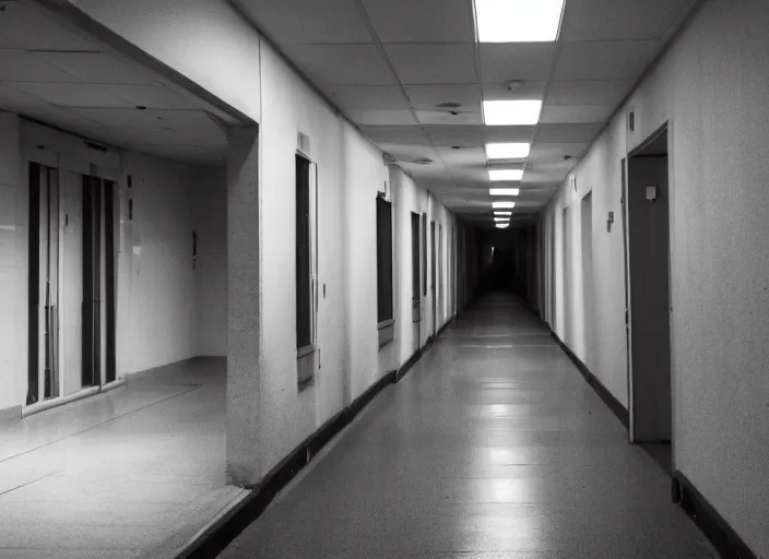 Prompt: a school corridor at night, night time, after hours, low light