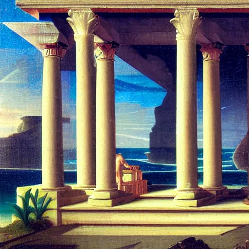 Image similar to Doric temple on front of balustrade and palace columns, refracted lightnings on the ocean, thunderstorm, tarot cards characters, beach and Tropical vegetation on the background major arcana sky and occult symbols, by paul delaroche, hyperrealistic 4k uhd, award-winning, very detailed paradise