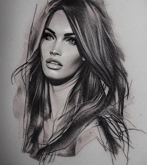 Image similar to double exposure effect tattoo design sketch of megan fox with beautiful mountain scenery, realism tattoo, in the style of matteo pasqualin, amazing detail, sharp