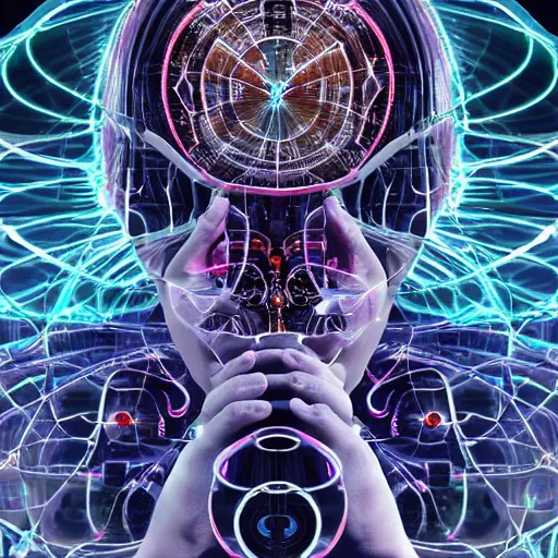 Image similar to a spiritually awakened cyborg wants to help humans free themselves from the chains of mental slavery and authoritarian politicians, surreal technological conceptual art magical cybernetic realism horror visions distopic and utopic art and the same time