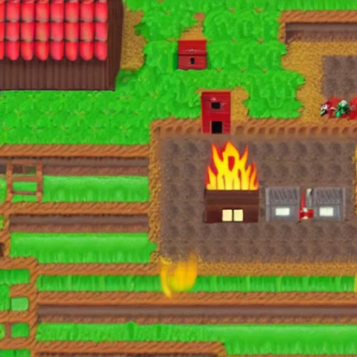 Prompt: a small vintage farm on fire in a corn field in the style of Mario 64, gameplay footage
