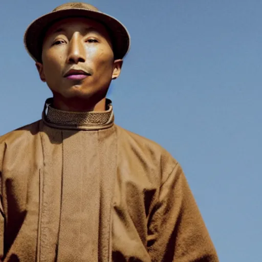 Image similar to cinematic film still Pharrell Williams starring as a Samurai holding fire, Japanese CGI, VFX, 2003, 40mm lens, shallow depth of field,film photography