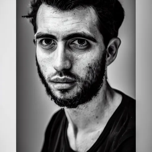 Image similar to black and white close - up portrait shot, studio photograph of a male symmetrical handsome andrea belluci the painter artist, casual clothes, anxiety and depression, intricate, elegant, highly detailed, hyper realistic, dark background, flickr, smooth, 4 k, 3 0 0 dpi, sharp focus, shot by canon