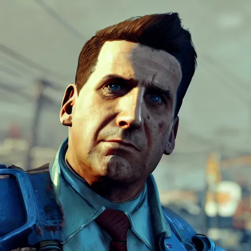 Image similar to Michael Scott wearing fallout 4 powerarmor, unreal engine, high res