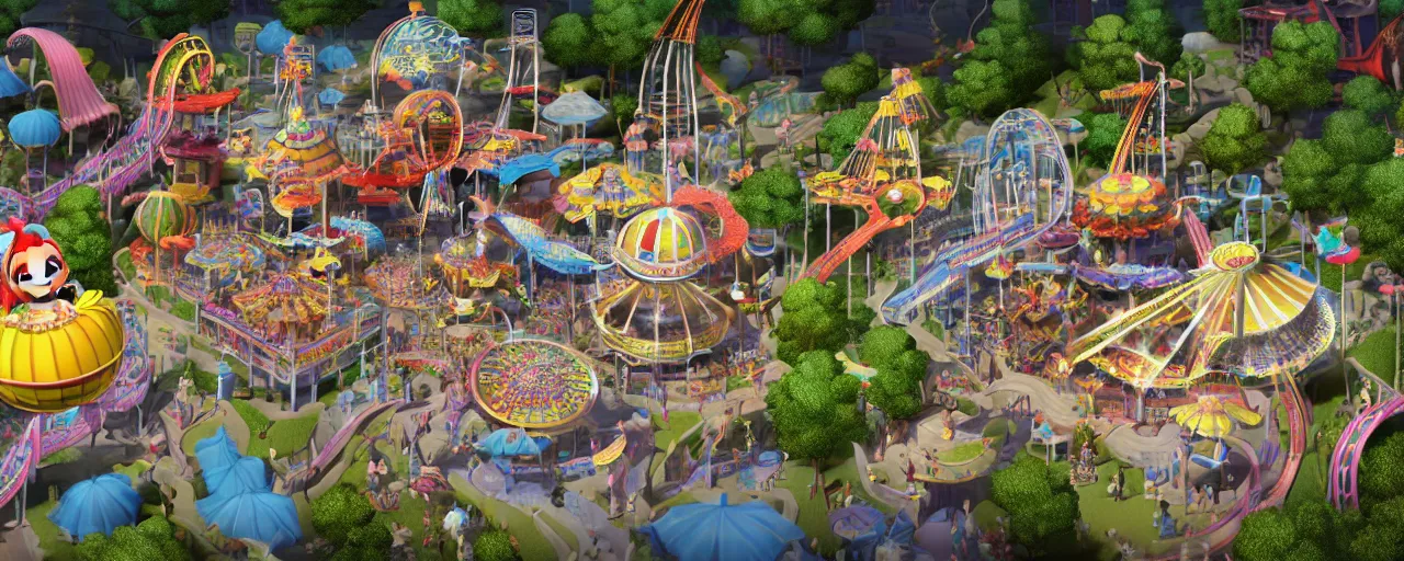 Prompt: amusement park isometric 3d, ultra hd, character design by Mark Ryden and Pixar and Hayao Miyazaki, unreal 5, DAZ, hyperrealistic, octane render, cosplay, RPG portrait, dynamic lighting, intricate detail, summer vibrancy, cinematic