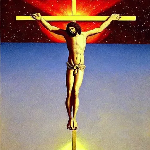 Prompt: very very very beautiful painting of jesus christ being crucified on a laser cross in outer space, painted by rene magritte