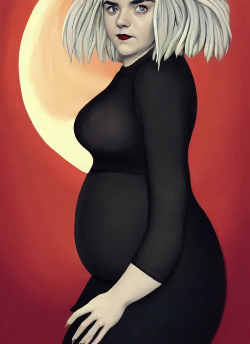 Image similar to full body portrait, kiernan shipka as sabrina spellman, white hair, obese, bangs, sultry, realistic, sultry smirk, fluffy bangs, freckles, fat, belly, intricate, elegant, highly detailed, digital painting, artstation, concept art, smooth, sharp focus, illustration, art by wlop, mars ravelo and greg rutkowski