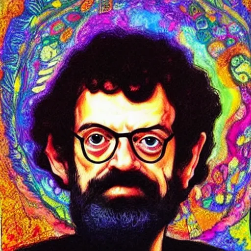 Prompt: portrait of terence McKenna with mushrooms growing out of his head, vibrant, hyperrealistic, Maximalism, mystical, ornate, Intricate