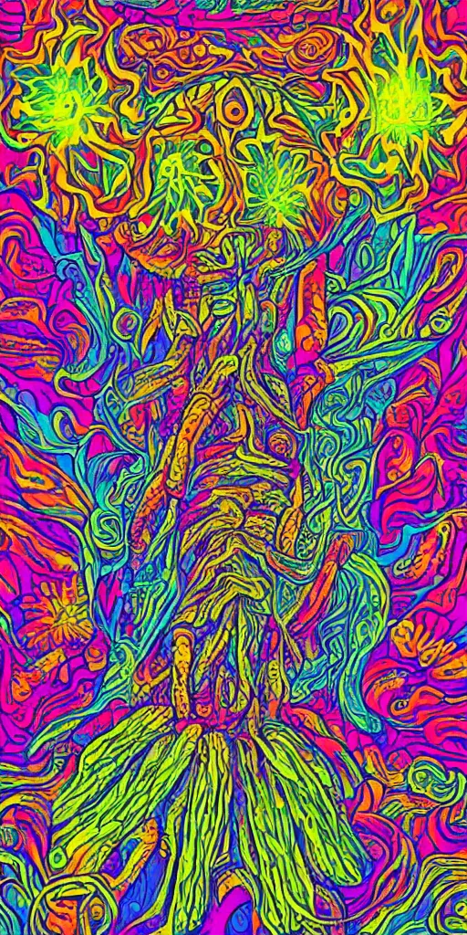 Prompt: psychedelic poster mushroom, poster, dmt, visionary art