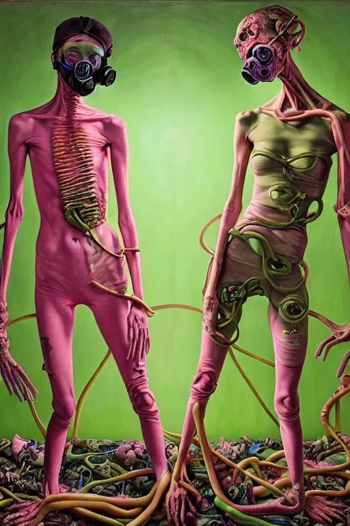 Prompt: two skinny figures with extra limbs, draped in fleshy green and pink, wearing gas masks connected to their hearts, inside an gothic dystopian, abandoned hospital room, fashion, ayami kojima, greg hildebrandt, mark ryden, hauntingly surreal, eerie vibrating color palette of charlie immer, highly detailed painting by, jenny saville, soft light 4 k