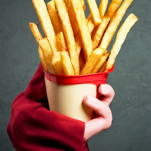 Image similar to comically large french fry next to person