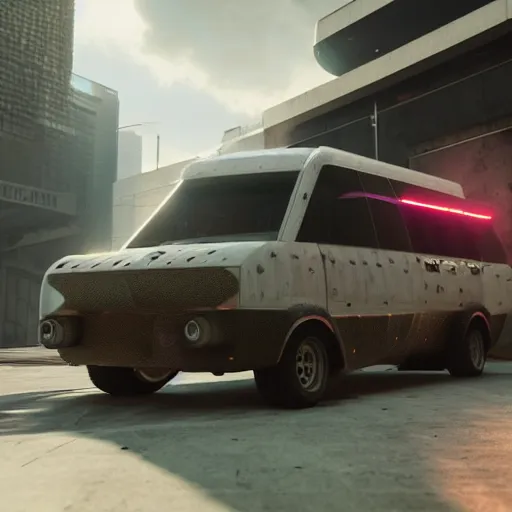 Image similar to cyberpunk alien concept of the a - team van with a pair of airplane wings on the sides flying trough the sky, futuristic look, highly detailed body, very powerful, photorealistic camera shot, crisp quality and light reflections, unreal engine 5 quality render