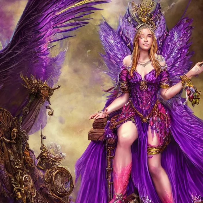 Prompt: Princess sorceress with red flaming bird wings on her back and sitting on an ornate throne dressed in a fancy long purple dress, beautiful hyper realistic face with a Slight smile and open eyes, Fantasy, Half Body Portrait, High detail, hyper realistic, planeswalker