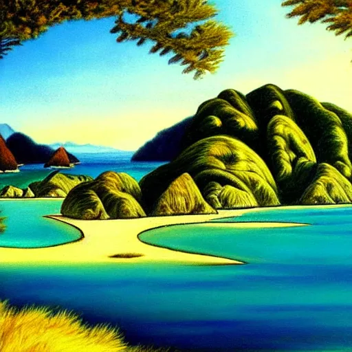 Prompt: golden bay abel tasman new zealand, rococo art style, highly detailed, highly detailed ethereal surrealist art