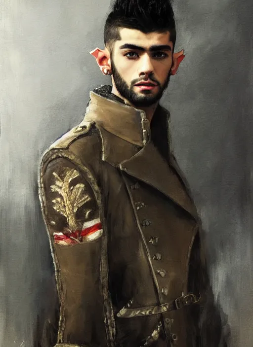 Prompt: portrait painting of zayn malik as an elf by jeremy mann, wearing leather napoleonic military style jacket, only one head single portrait, pointy ears