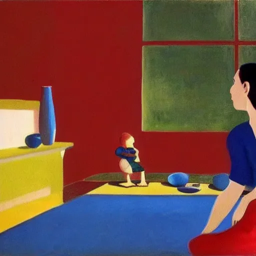 Prompt: A beautiful painting harmony of colors, simple but powerful composition. A scene of peaceful domesticity, with a mother and child in the center, surrounded by a few simple objects. Colors are muted and calming, serenity and calm. deep red, charming, YouTube by Yves Klein vfx, control the soul