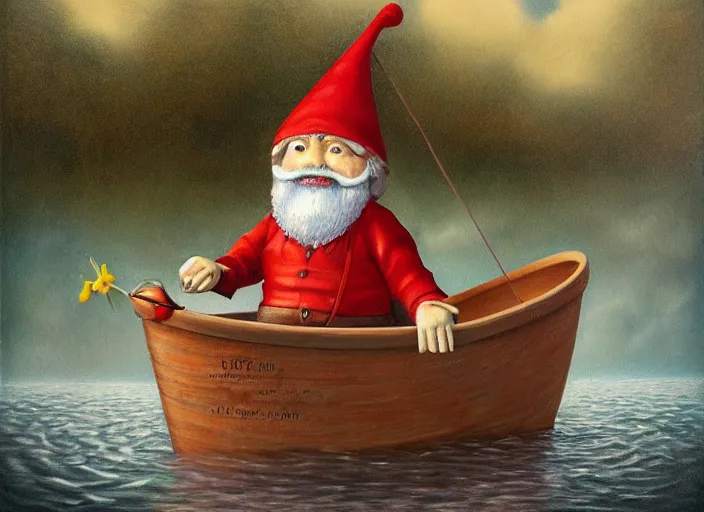 Prompt: a garden gnome sailing across a bucket of water, an ultrafine detailed painting by mark ryden, trending on deviantart, pop surrealism, whimsical, lowbrow, grotesque