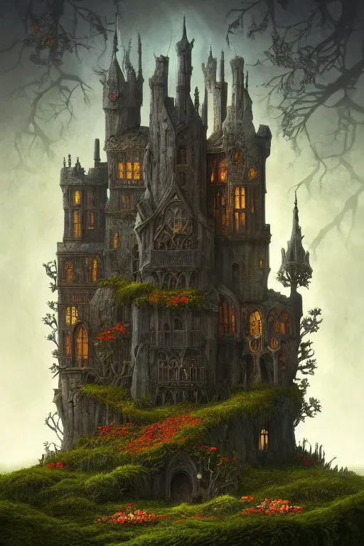 Image similar to a beautiful digital illustration painting of a detailed gothic fantasy castle and roots, dark mushroom, flowers by benoit b. mandelbrot, steven belledin, martin johnson heade, lee madgwick, caspar david friedrich, and david rios ferreira. 8 k resolution trending on artstation concept art digital illustration