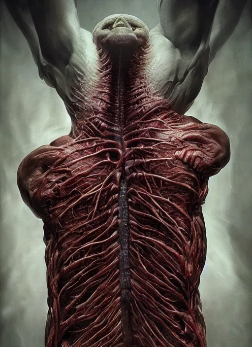 Prompt: demonic creature with translucent skin, visible muscles and veins and arteries and bones and spines and nerves, beautiful detailed intricate insanely detailed octane render, 8k artistic photography, photorealistic, chiaroscuro, by David Cronenberg, Raphael, Caravaggio