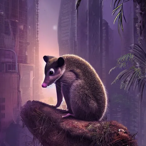 Image similar to possum lost in the jungle at night, cyberpunk, isometric, highly detailed, hyperrealistic 8k , digital art