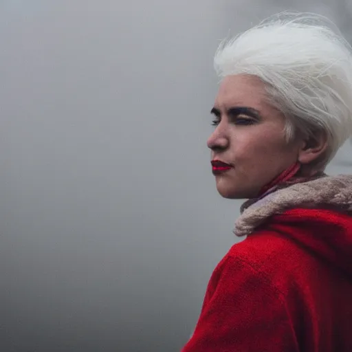 Image similar to woman with white hair in an industrial soviet city, air pollution, fog, dslr 5 0 mm portrait photo