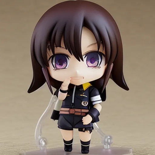 Prompt: nendoroid eyes kawaii chibi female explorer, dark blond long hair, stained glass, detailed, custom