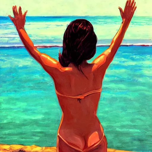 Prompt: trending on art station, digital art, woman with her hands raised from behind, bathing suit, full body, smooth, good light, elegant, creative