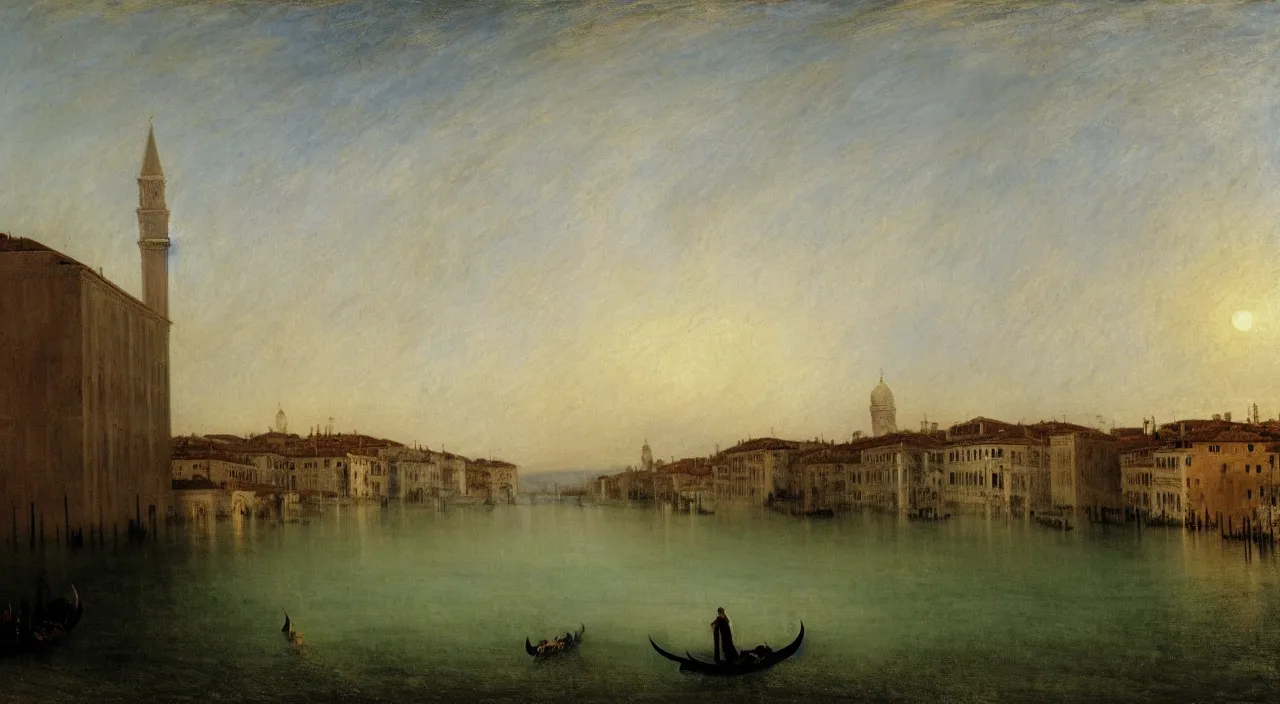 Prompt: a serene landscape of venice, green river, on the bank is the domed church, by william turner