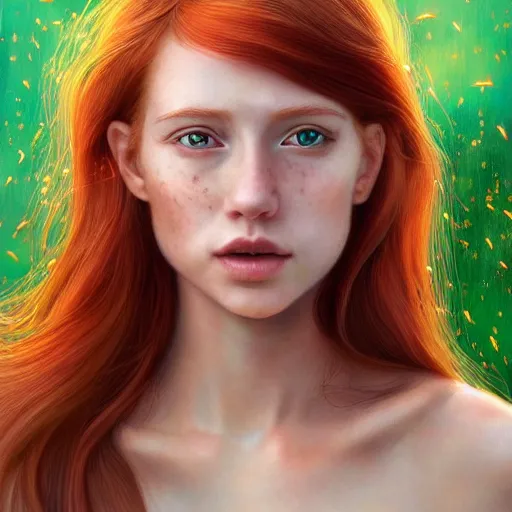 Prompt: a highly detailed, hyper realistic, red haired young woman, among golden fireflies, with long hair, green eyes, hint of freckles, gentle face, tilted head, cheeky smile, deep focus, elegant, digital painting, smooth, sharp focus, golden ratio, illustration, ultra realistic, 8 k, art by artgerm and caravaggio