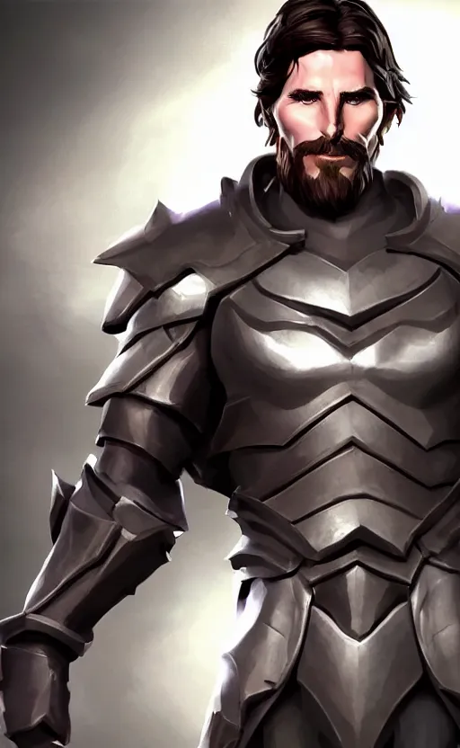 Image similar to Christian Bale as a character in the game League of Legends, with a background based on the game League of Legends, detailed face, old 3d graphics