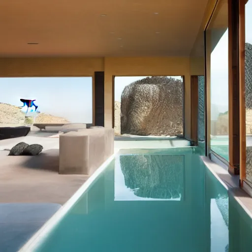 Prompt: modern desert pavlion interior looking out of large pivoting doors into expansive pool and vista with cacti