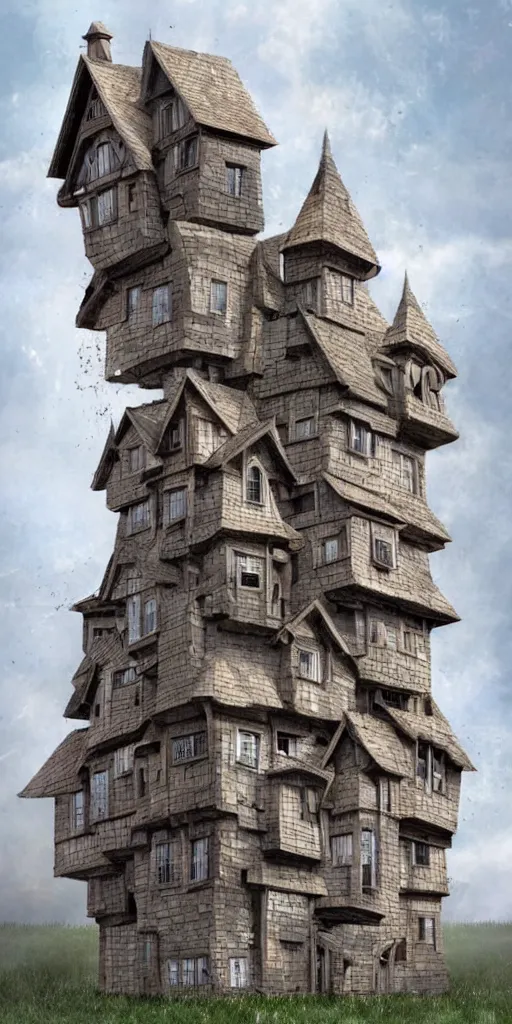 Image similar to multiple medieval houses stacked on each other, creating a thin monolith, concept art, very tall, trending on deviantart, movie still, award wining photograph