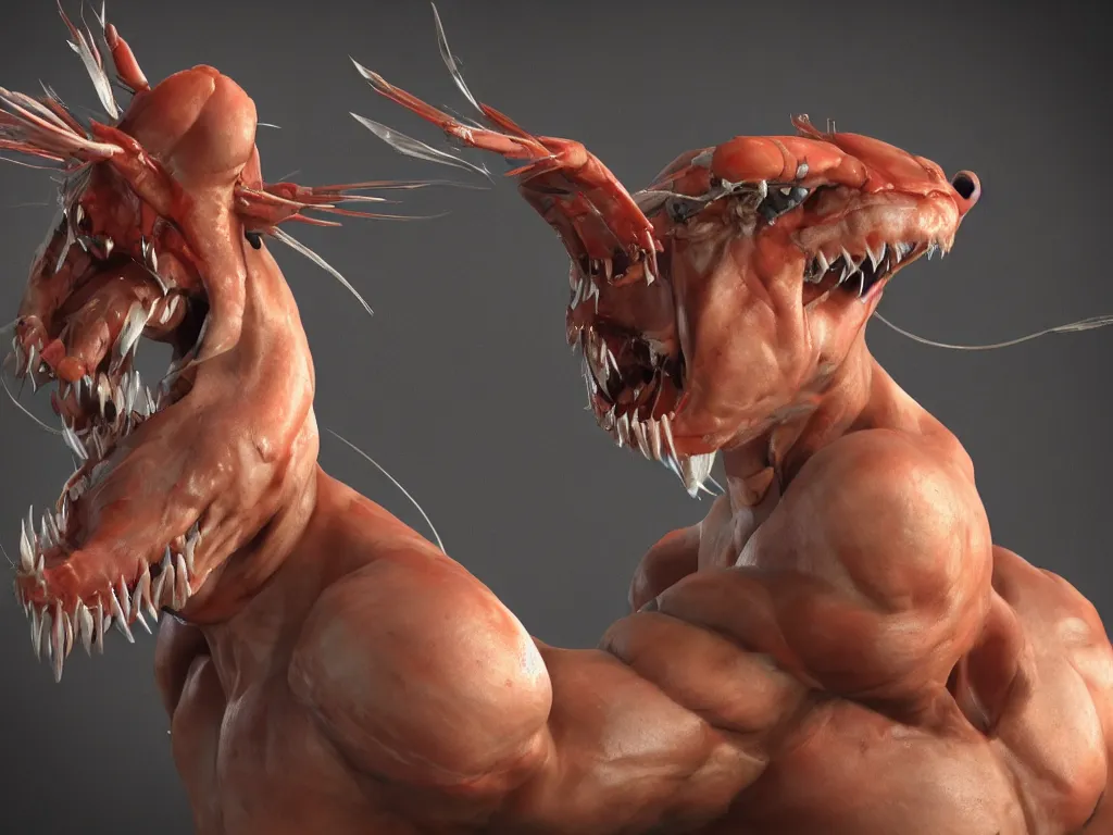 Image similar to game concept art, muscular, shrimp head, sharp teeth, hyperrealism, artstation, cgsociety, zbrush, no background