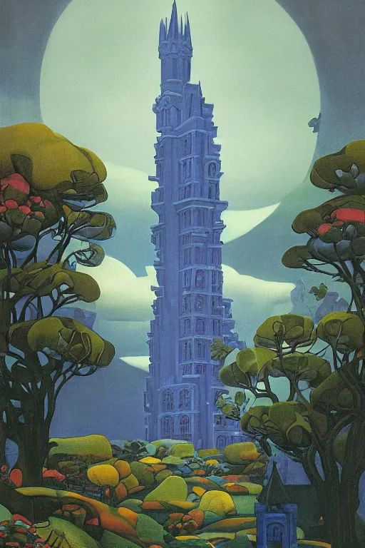 Image similar to view of the mysterious blue tower in its gardens after a storm, tall windows lit up, beautiful ornamental architecture, dramatic cinematic lighting, rich colors, by Nicholas Roerich and William Dyce and April Gornik and Sylvain Sarrailh and Ludwig Deutsch and Diego Rivera, fairytale illustration, featured on artstation