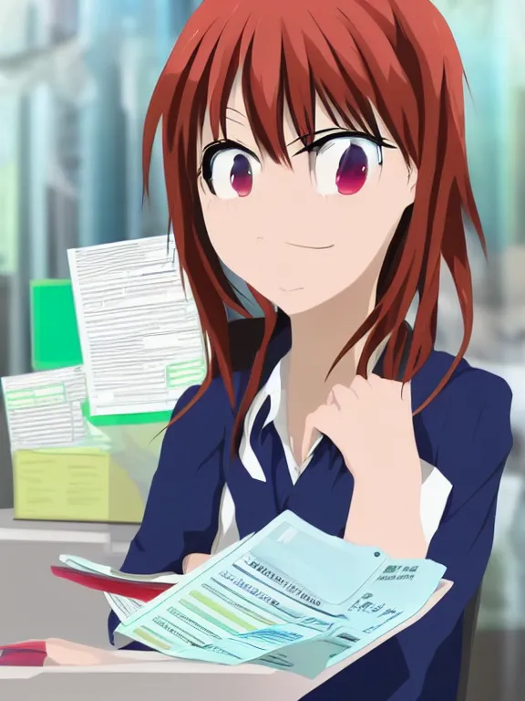 Prompt: Anime girl filing her taxes, trending on DeviantArt, face enhance, full of colour,