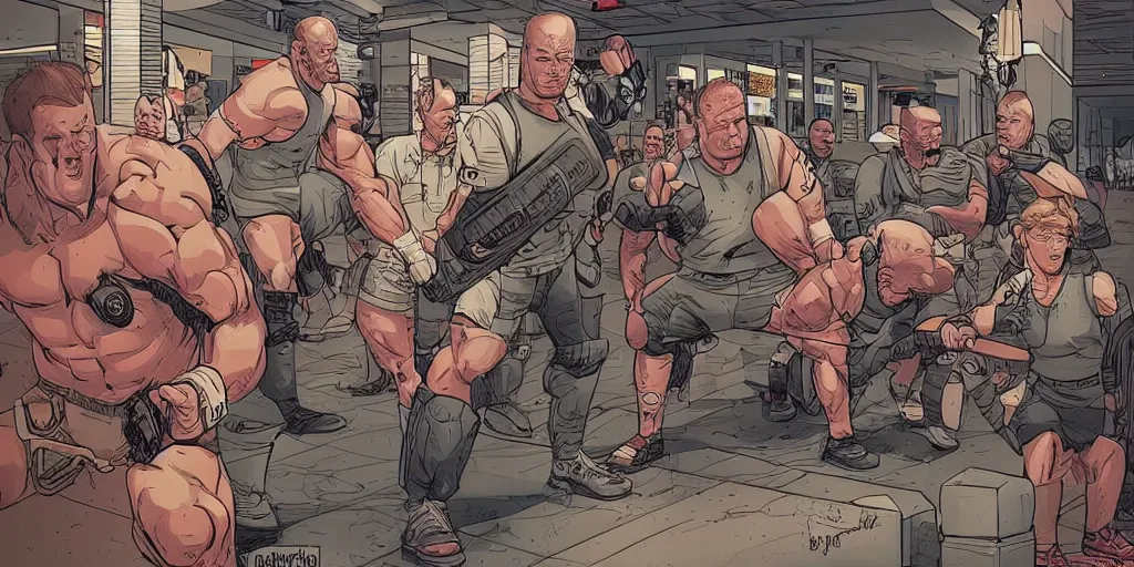 Image similar to Mall cops vs weightlifters. Epic painting by James Gurney and Laurie Greasley.