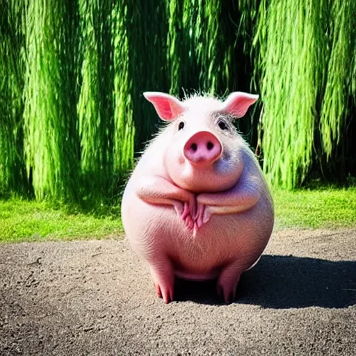 Image similar to “ a cute pig, meditating like buddha, large willow tree in the background. ”