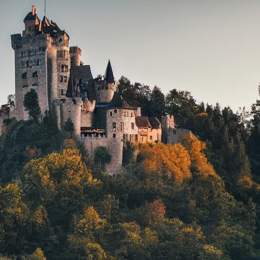 Image similar to a castle on a hill dominating a small town, in the middle of a forest, dusk, landscape